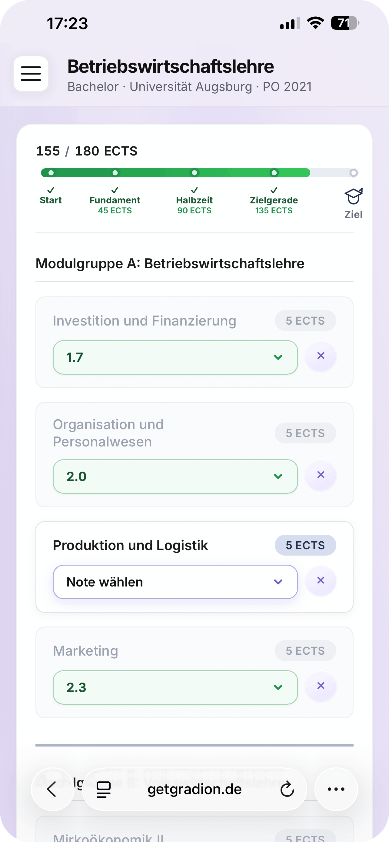 Gradion Notentracker in Safari auf dem iPhone