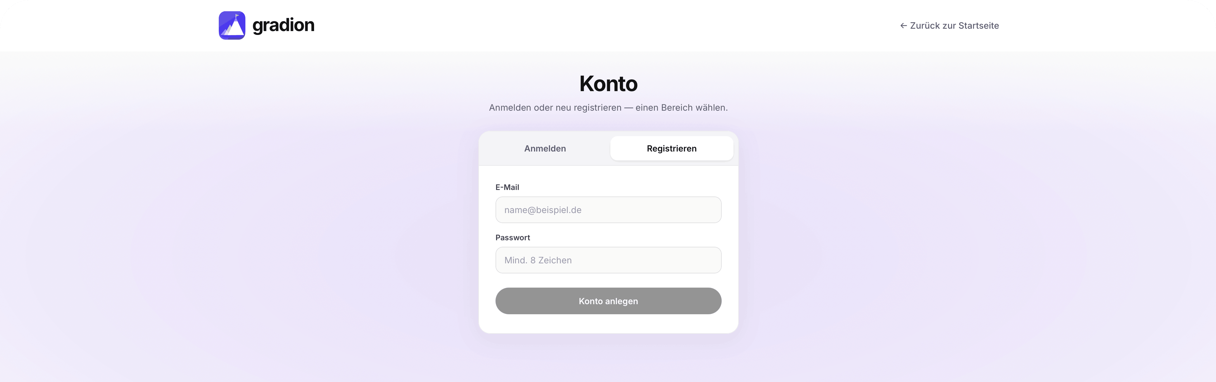 Gradion Registrierung im Browser